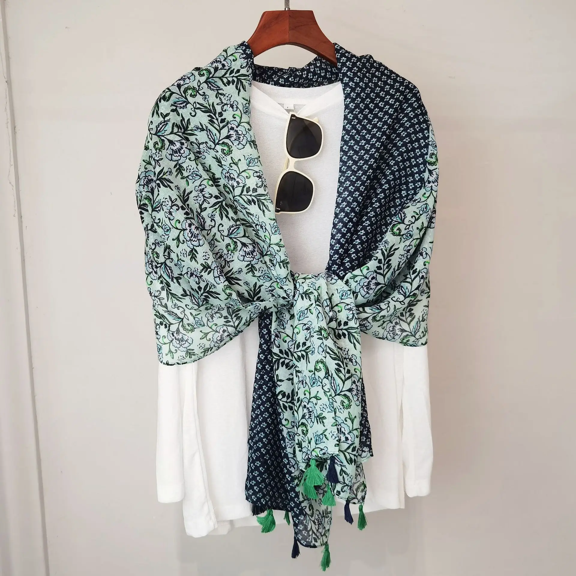 Blue White Floral Scarf for Women Travel Sunscreen - Image 20