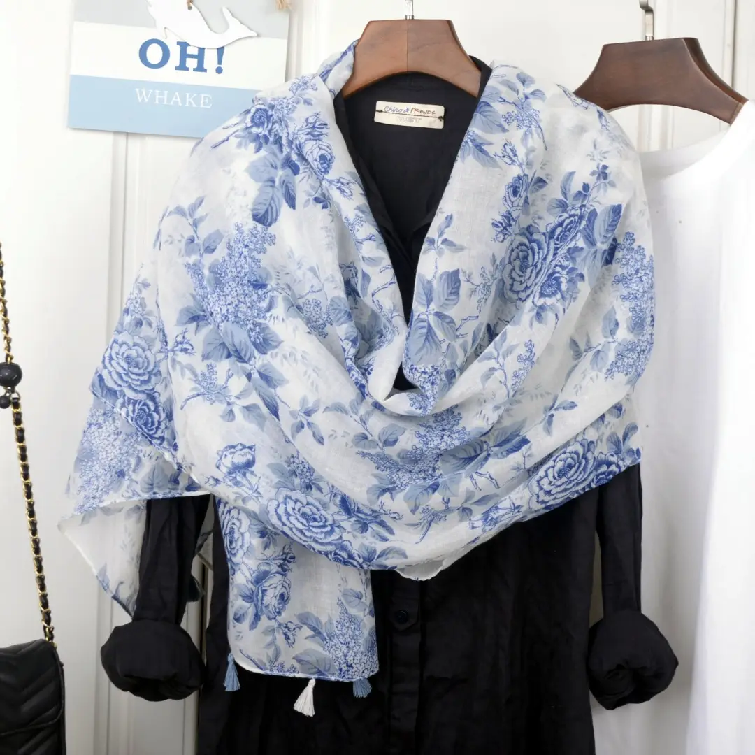 Blue White Floral Scarf for Women Travel Sunscreen - Image 21
