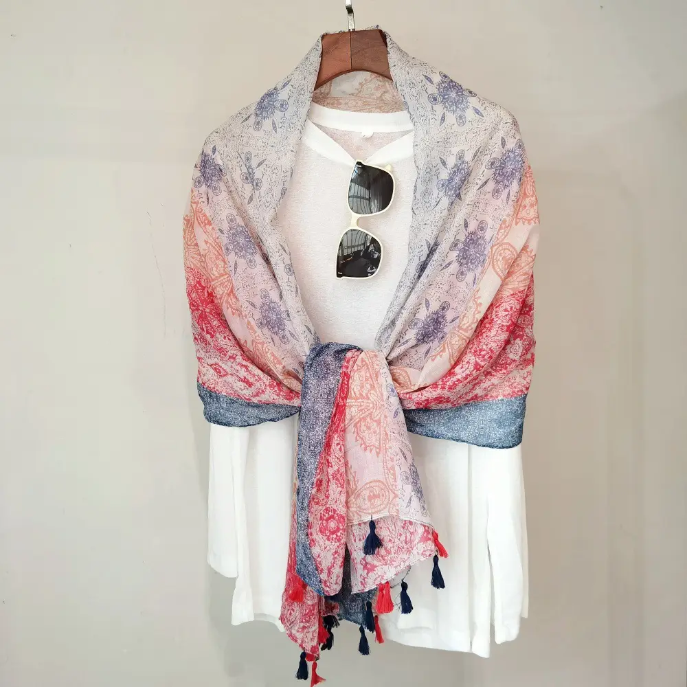 Blue White Floral Scarf for Women Travel Sunscreen - Image 22