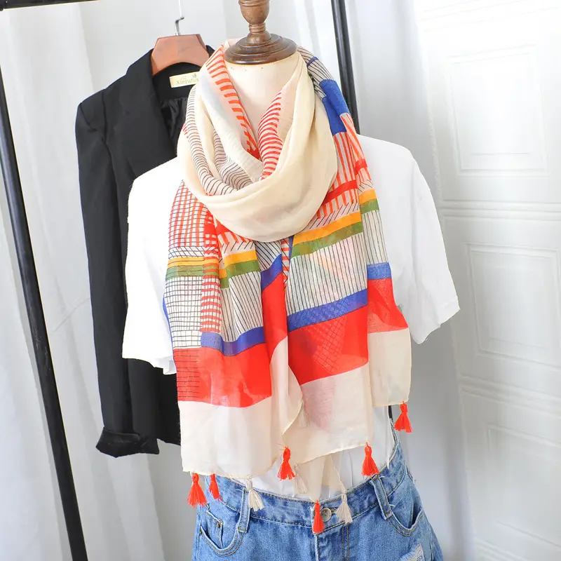 Blue White Floral Scarf for Women Travel Sunscreen - Image 3