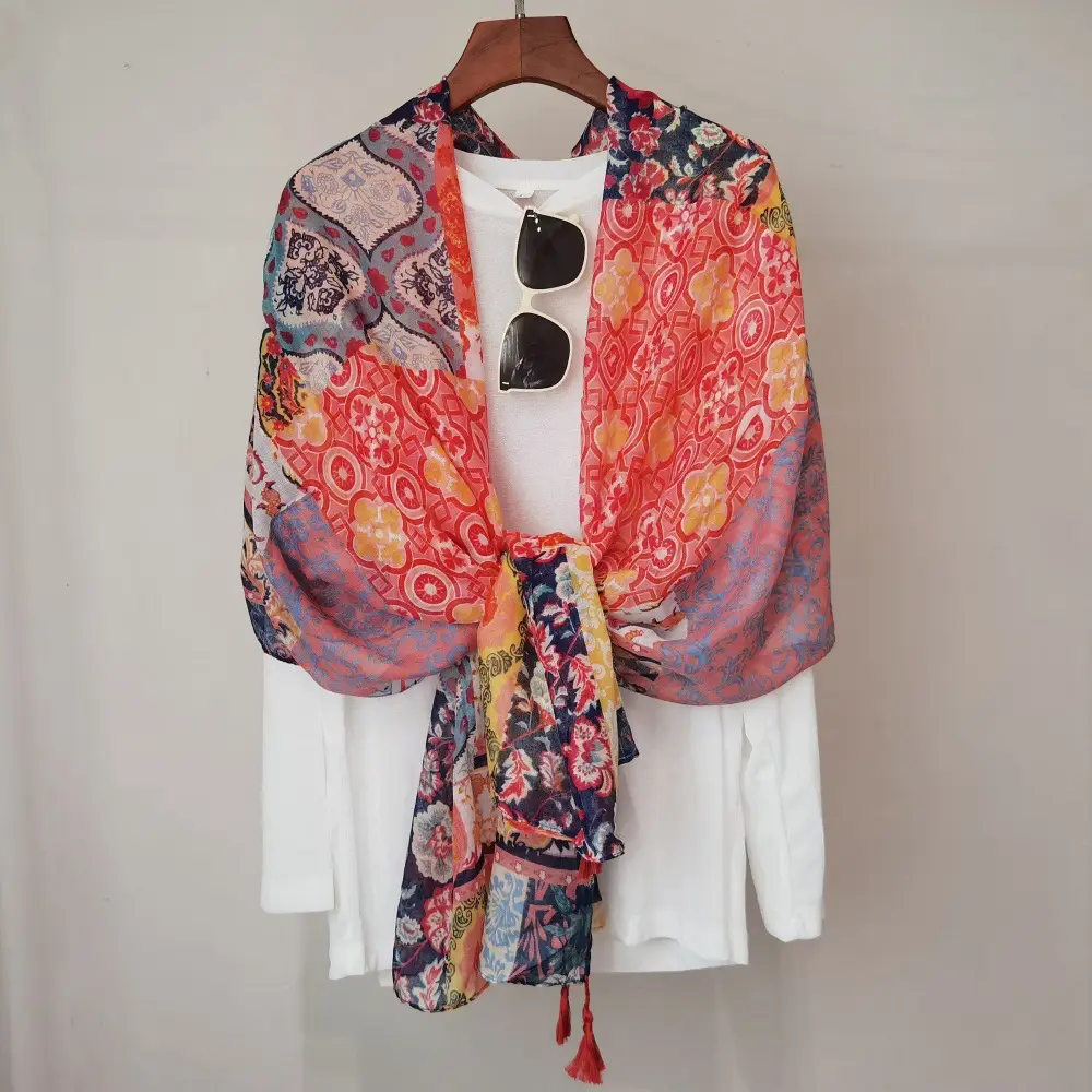 Blue White Floral Scarf for Women Travel Sunscreen - Image 29