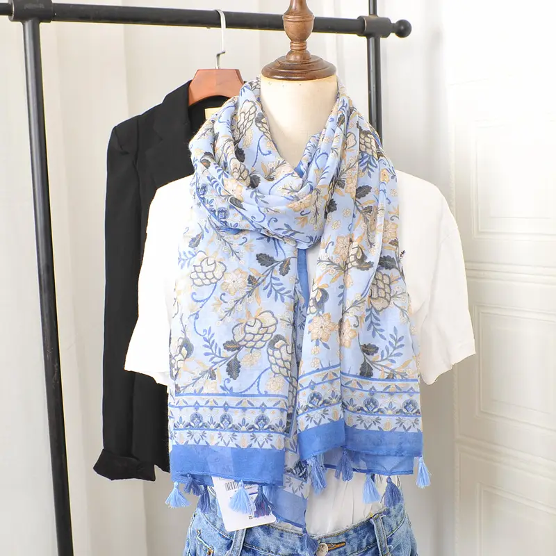Blue White Floral Scarf for Women Travel Sunscreen - Image 4