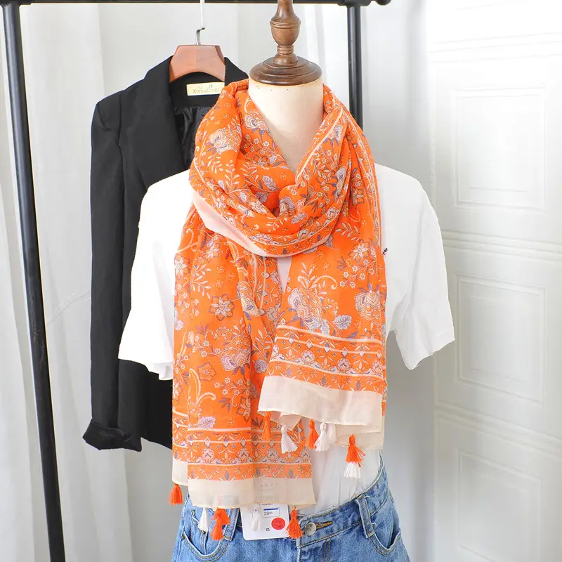 Blue White Floral Scarf for Women Travel Sunscreen - Image 5
