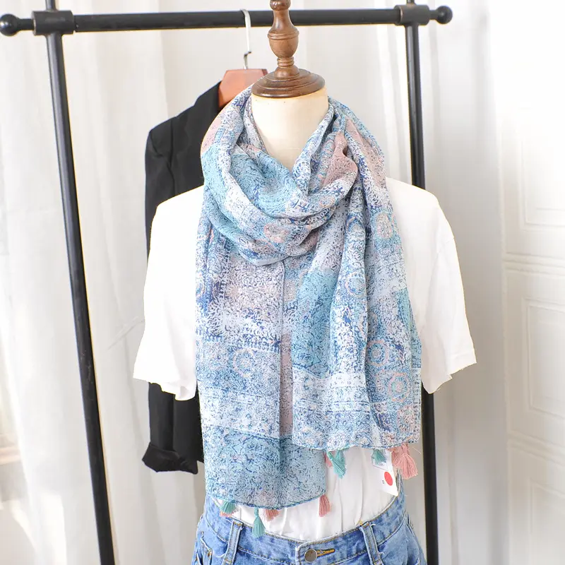 Blue White Floral Scarf for Women Travel Sunscreen - Image 6