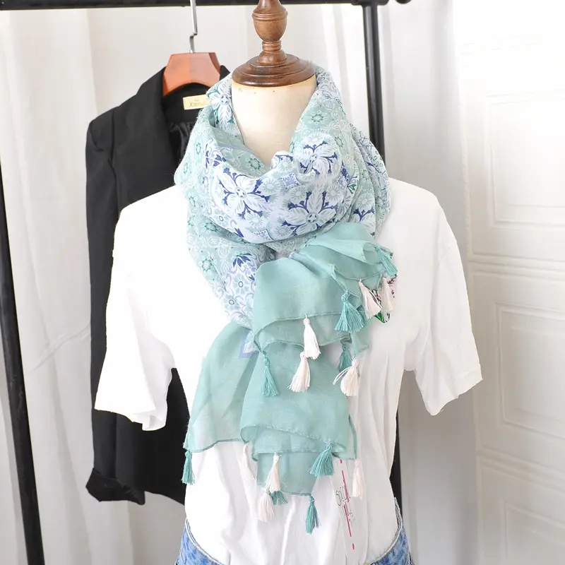 Blue White Floral Scarf for Women Travel Sunscreen - Image 8
