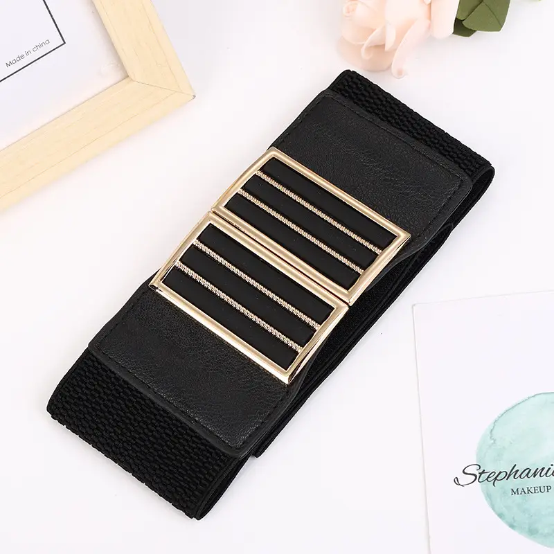 Black Wide Waist Belt with Gold Plated Buckle for Women