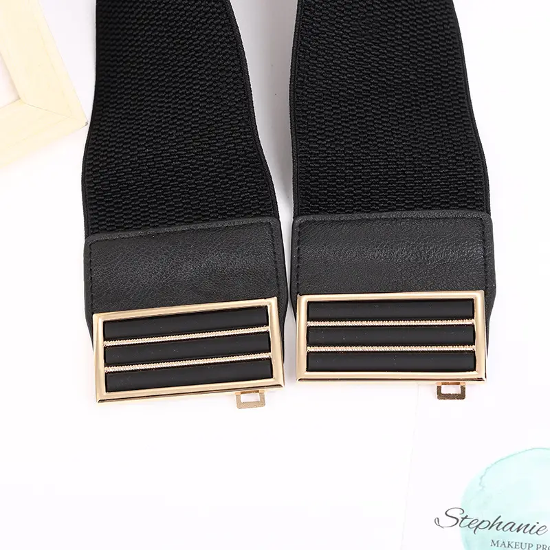 Black Wide Waist Belt with Gold Plated Buckle for Women