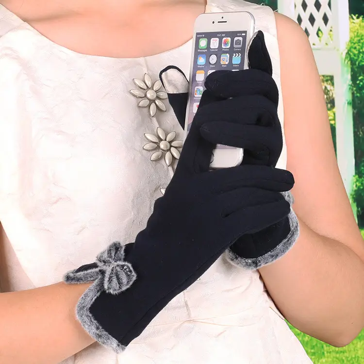 Women's Velvet Touchscreen Gloves Purple Bow