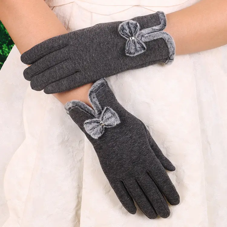 Women's Velvet Touchscreen Gloves Purple Bow