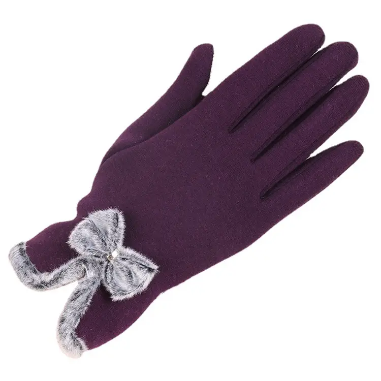 Women's Velvet Touchscreen Gloves Purple Bow