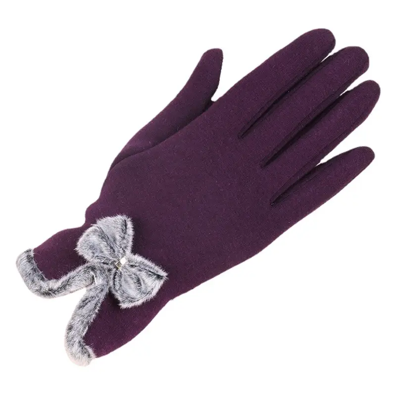 Women's Velvet Touchscreen Gloves Purple Bow
