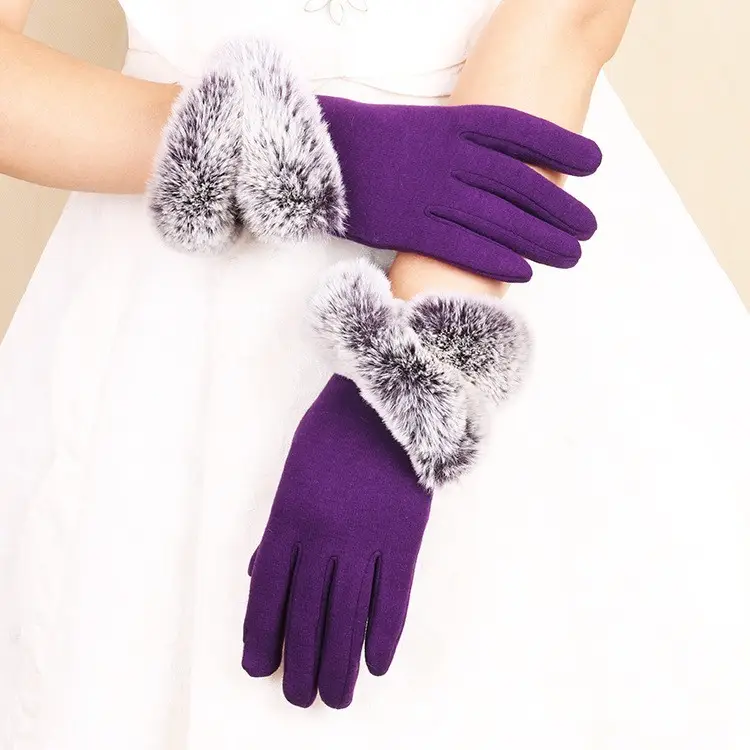 Women's Velvet Touchscreen Gloves Purple Bow