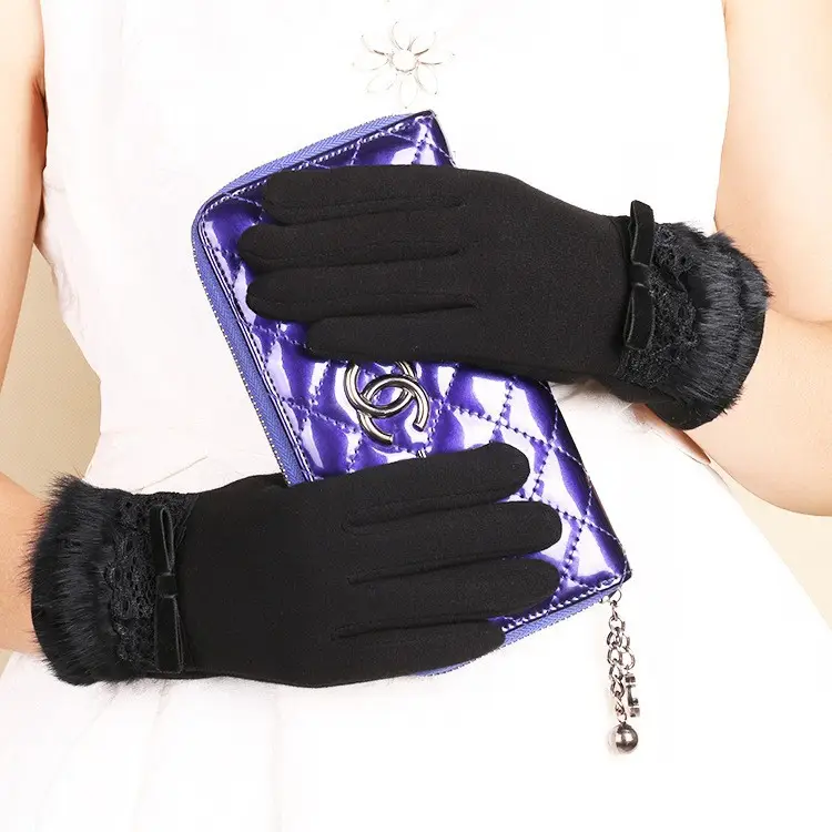 Women's Velvet Touchscreen Gloves Purple Bow