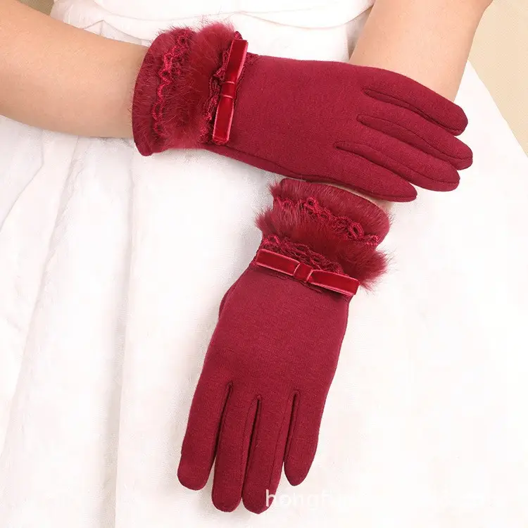 Women's Velvet Touchscreen Gloves Purple Bow