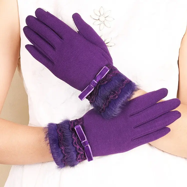 Women's Velvet Touchscreen Gloves Purple Bow