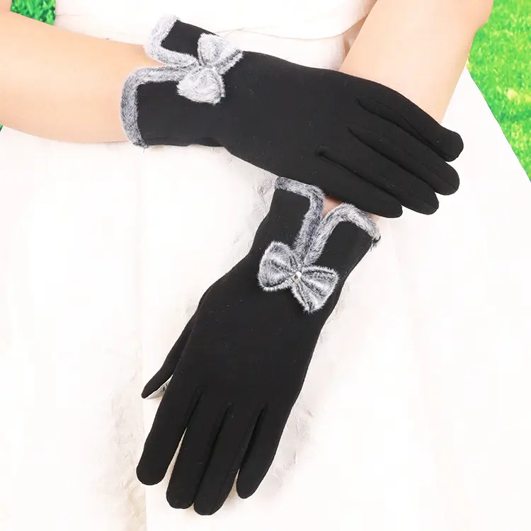 Women's Velvet Touchscreen Gloves Purple Bow