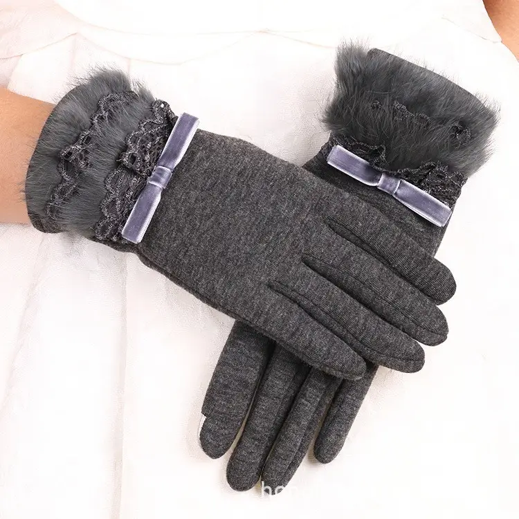 Women's Velvet Touchscreen Gloves Purple Bow