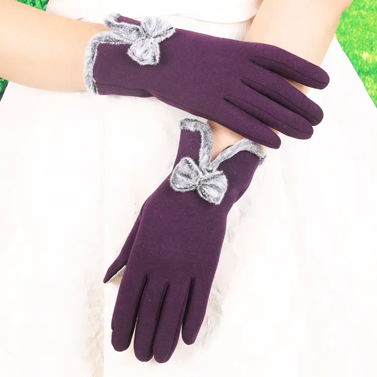 Women's Velvet Touchscreen Gloves Purple Bow
