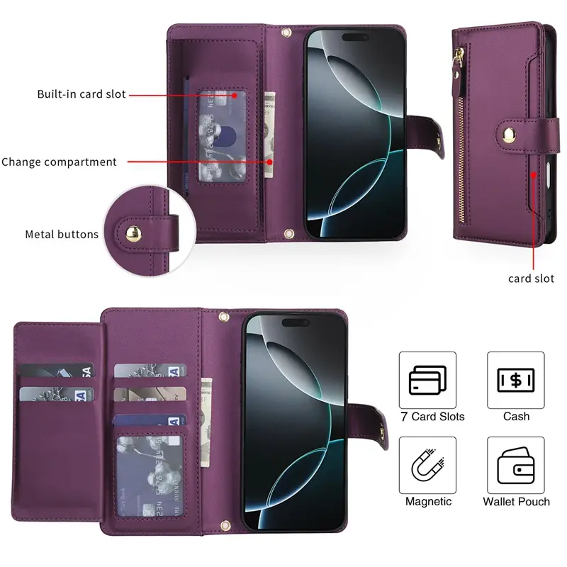 Black Leather Zipper Mobile Phone Case for iPhone 17