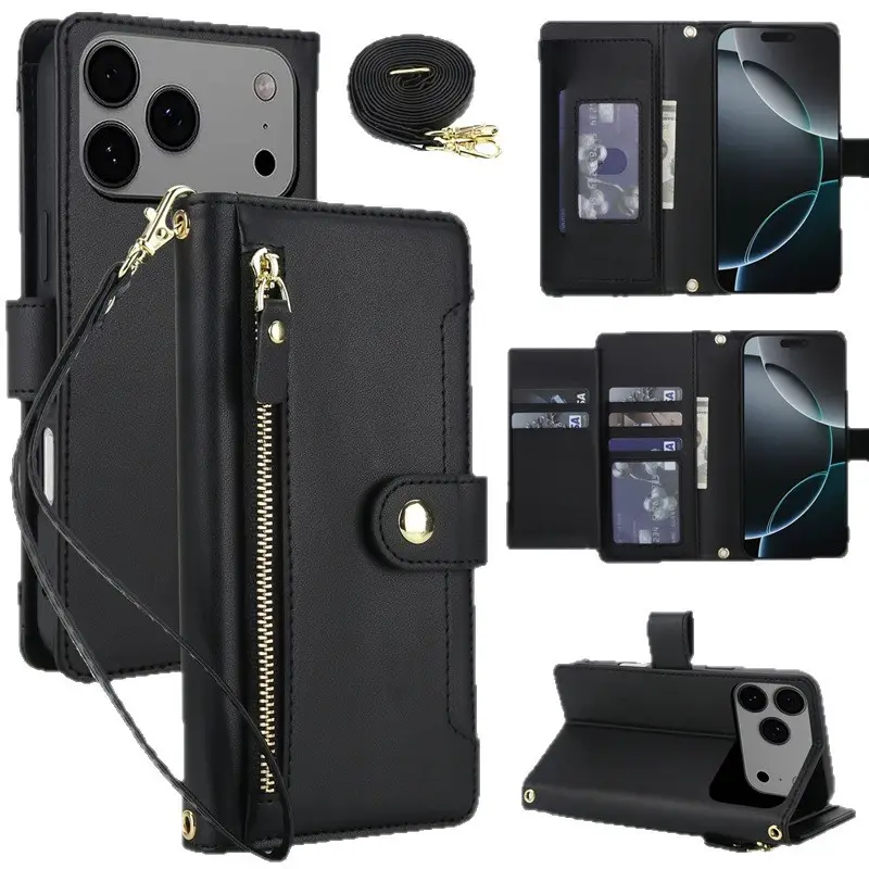 Black Leather Zipper Mobile Phone Case for iPhone 17