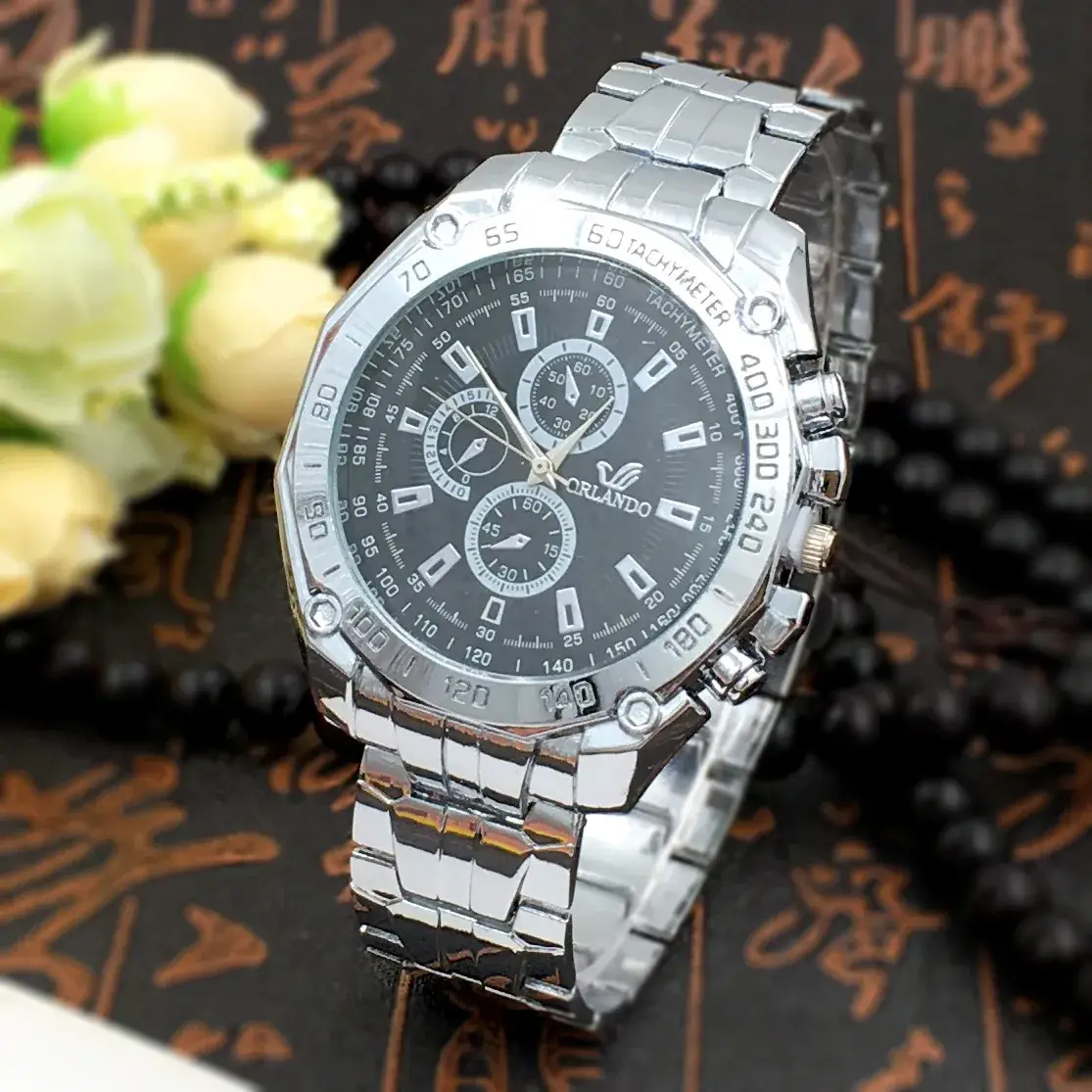 Men's Blue Dial Chronograph Watch with Silver Steel Band - Image 5