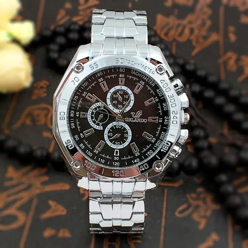 Men's Blue Dial Chronograph Watch with Silver Steel Band - Image 3