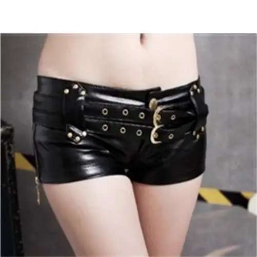 Black PU Leather Ultra-Low Waist Shorts with Belt