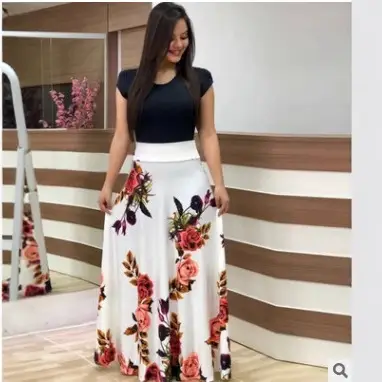Women's Long Skirt Dress Floral Print Turquoise Black Top