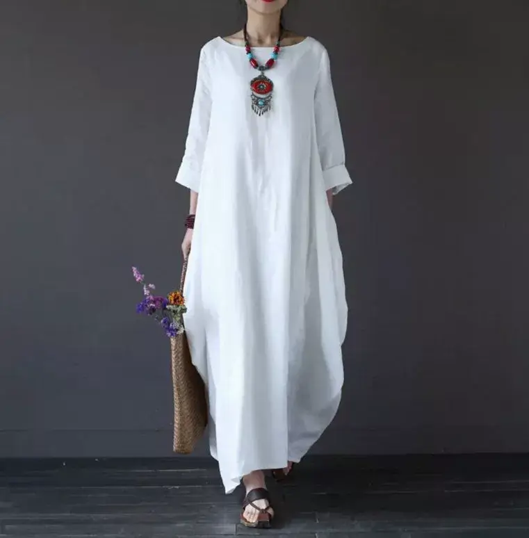 White Loose Long Skirt Dress for Women Cotton Linen — feature 8