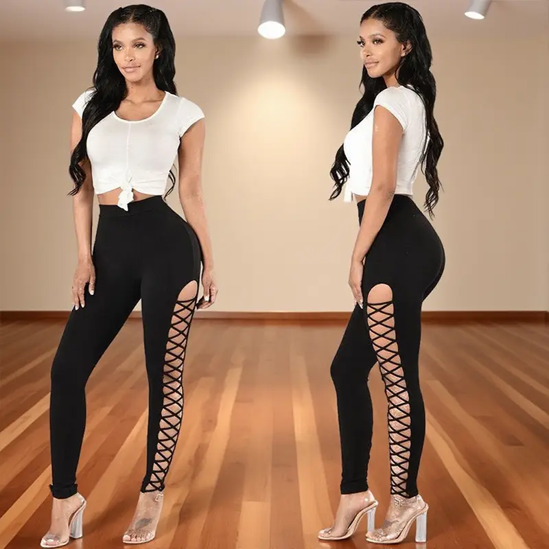 Women Side Cross Leggings with Lace Trim Black