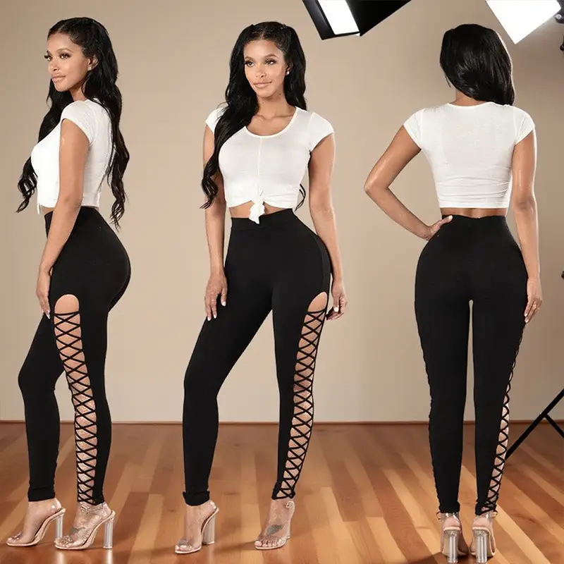 Women Side Cross Leggings with Lace Trim Black