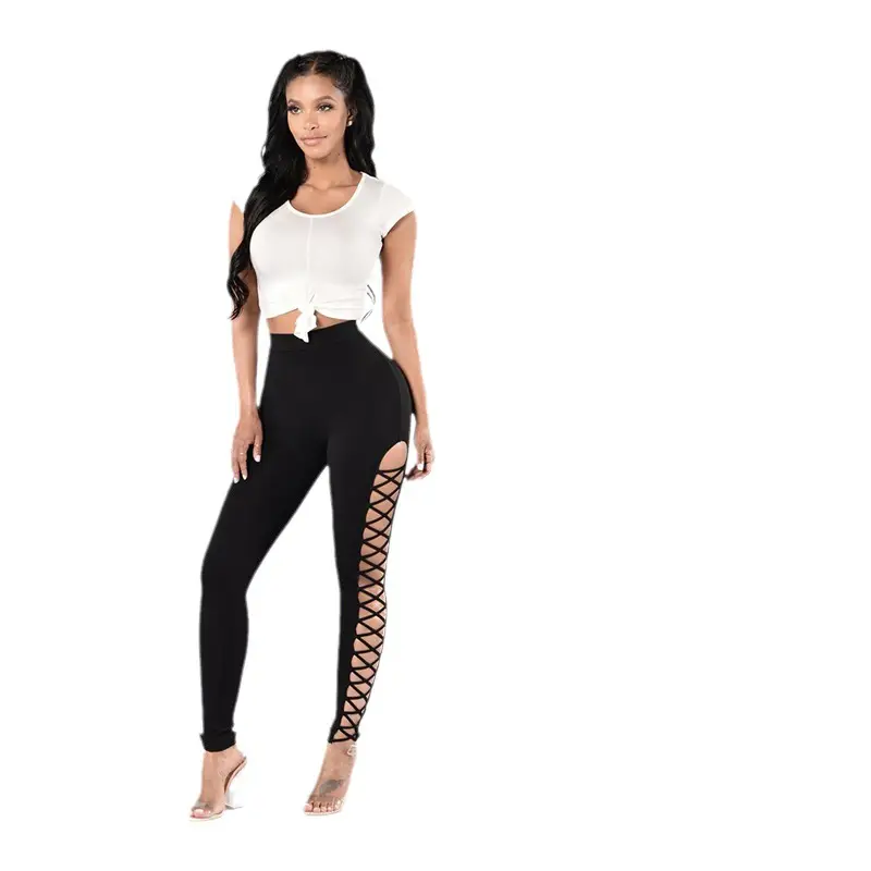 Women Side Cross Leggings with Lace Trim Black