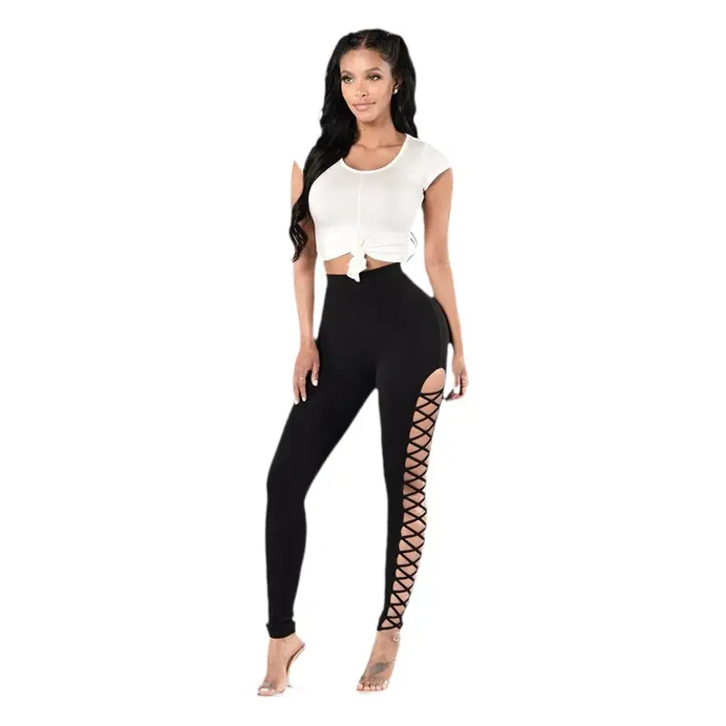 Women Side Cross Leggings with Lace Trim Black
