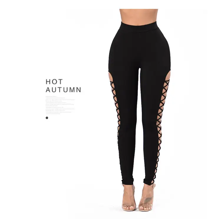Women Side Cross Leggings with Lace Trim Black — feature 10