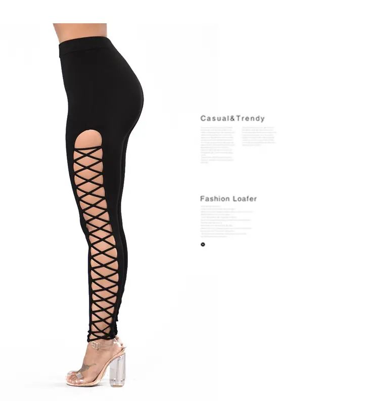 Women Side Cross Leggings with Lace Trim Black — feature 11