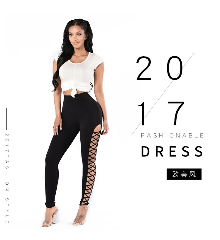 Women Side Cross Leggings with Lace Trim Black — feature 4