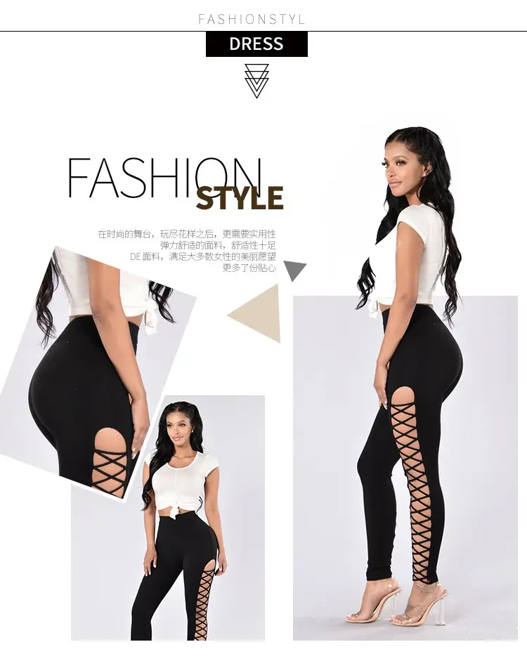 Women Side Cross Leggings with Lace Trim Black — feature 5