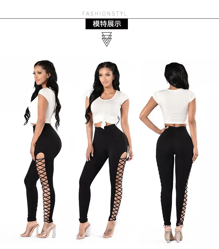 Women Side Cross Leggings with Lace Trim Black — feature 6