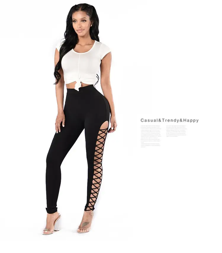 Women Side Cross Leggings with Lace Trim Black — feature 7