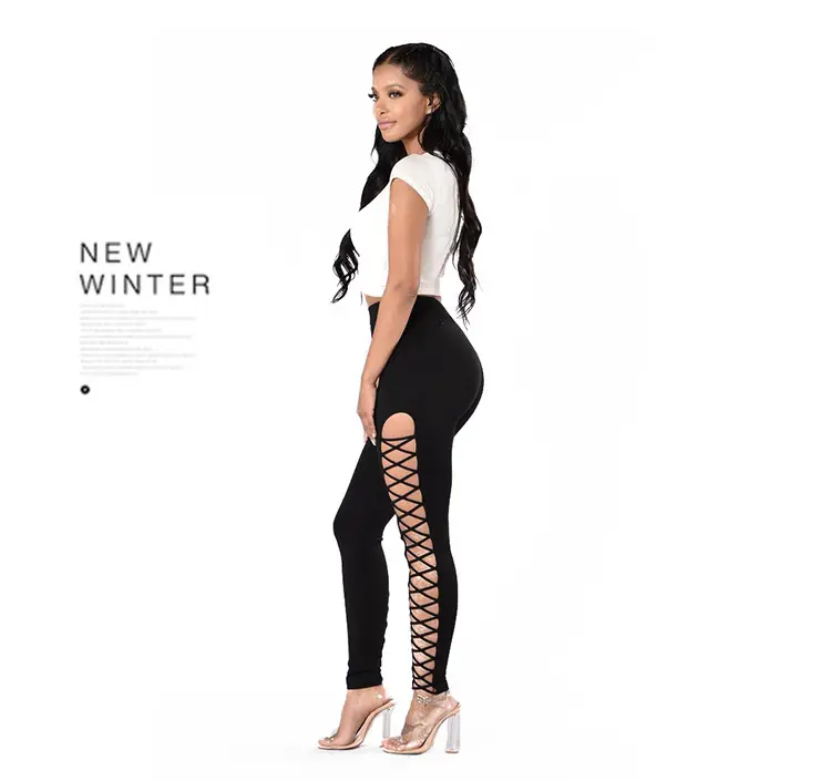 Women Side Cross Leggings with Lace Trim Black — feature 8
