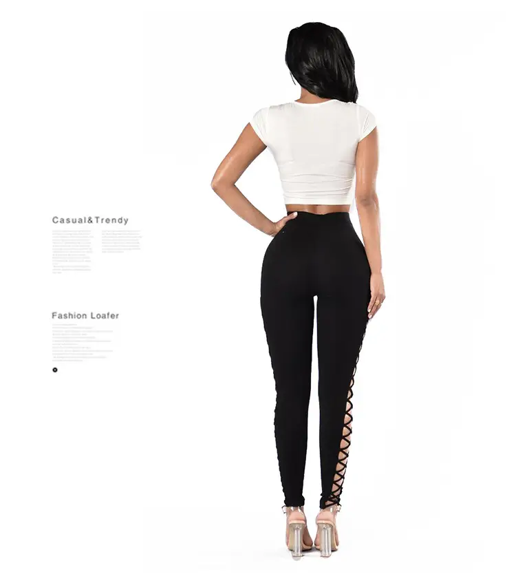 Women Side Cross Leggings with Lace Trim Black — feature 9