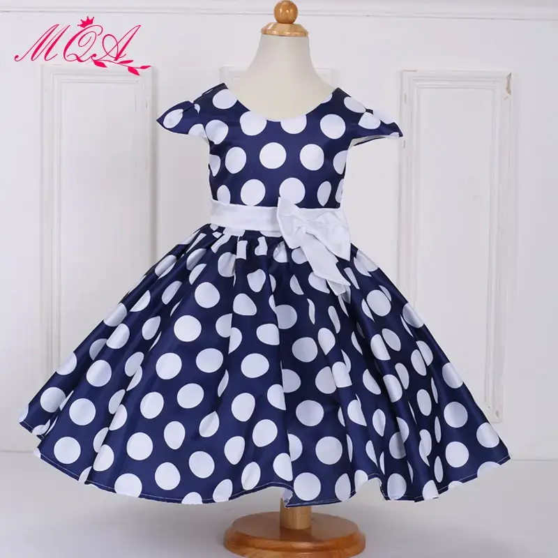 Navy Blue Polka Dot Bow Belt Dress for Girls