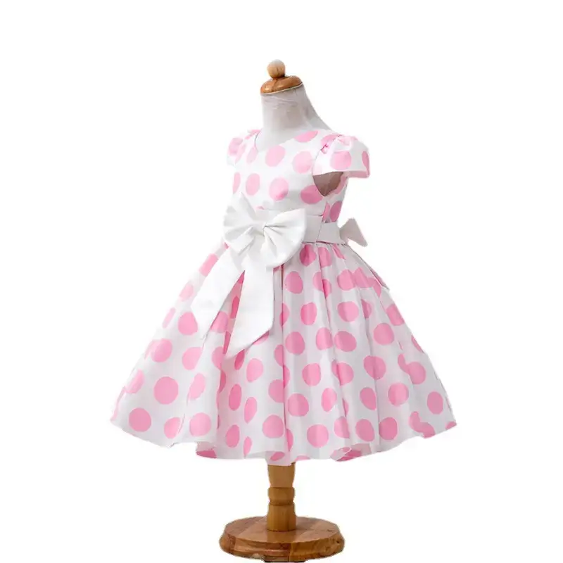 Navy Blue Polka Dot Bow Belt Dress for Girls
