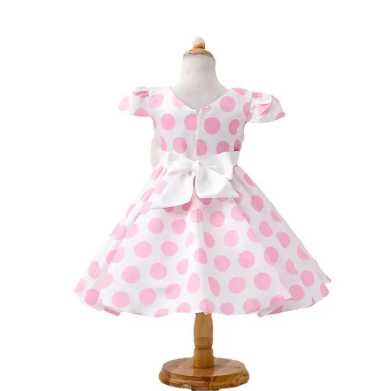 Navy Blue Polka Dot Bow Belt Dress for Girls