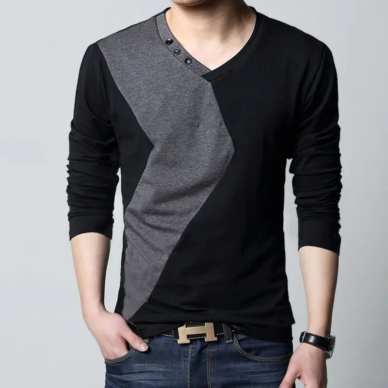 Men's Combed Cotton V-Neck T-Shirt Grey Black - Image 3