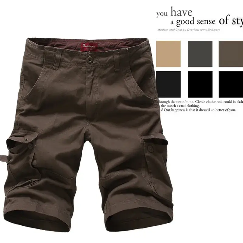 Men's Multi-Bag Overalls Half-Length Pants Super Large Brown - Image 5
