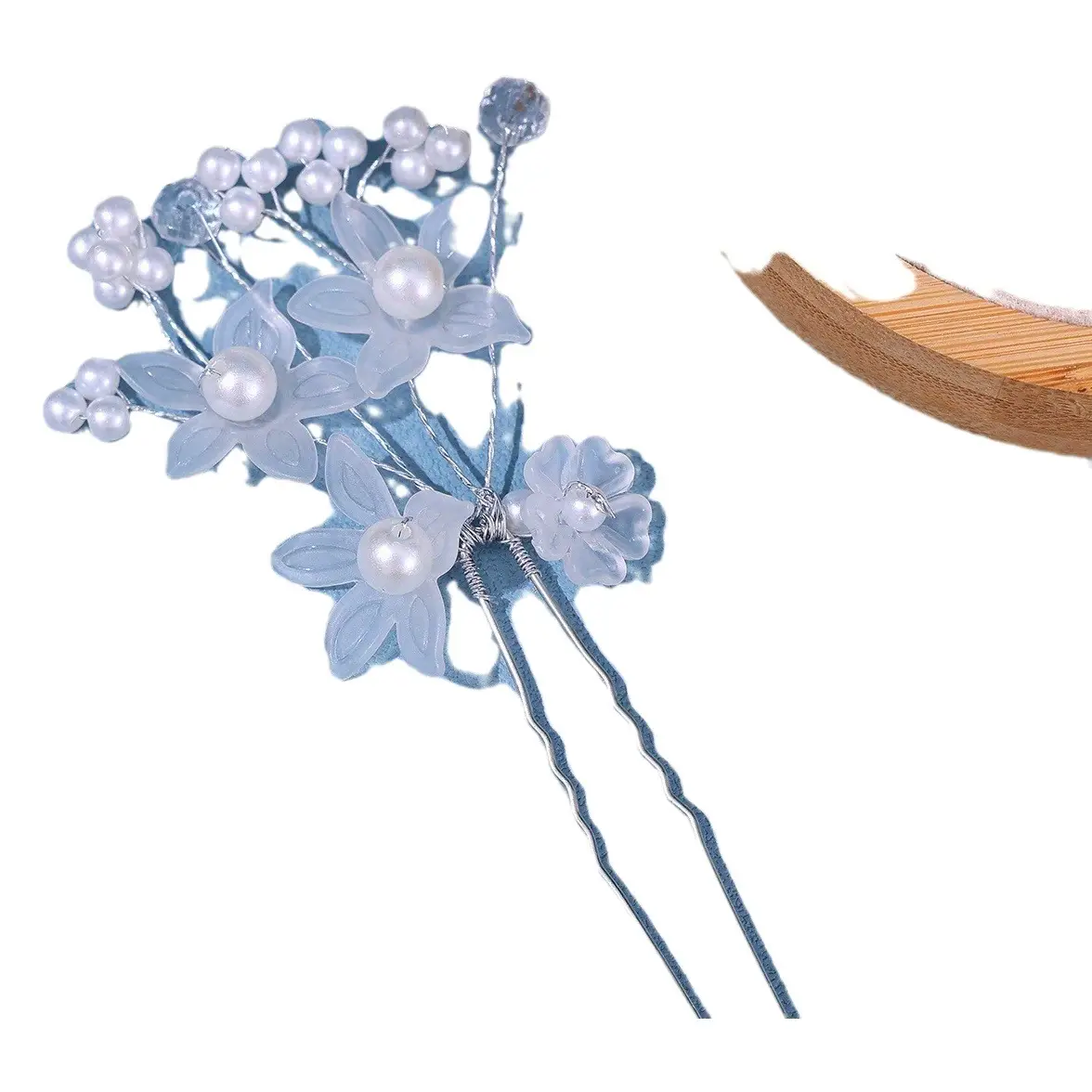 Blue Floral Hairpin with Pearl Accents for Weddings