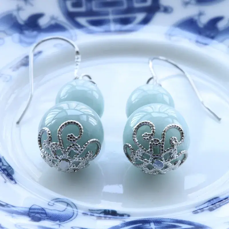 Jade Double Bead Earrings 925 Natural Burmese Jade - Image 2