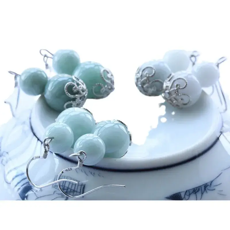 Jade Double Bead Earrings 925 Natural Burmese Jade - Image 3