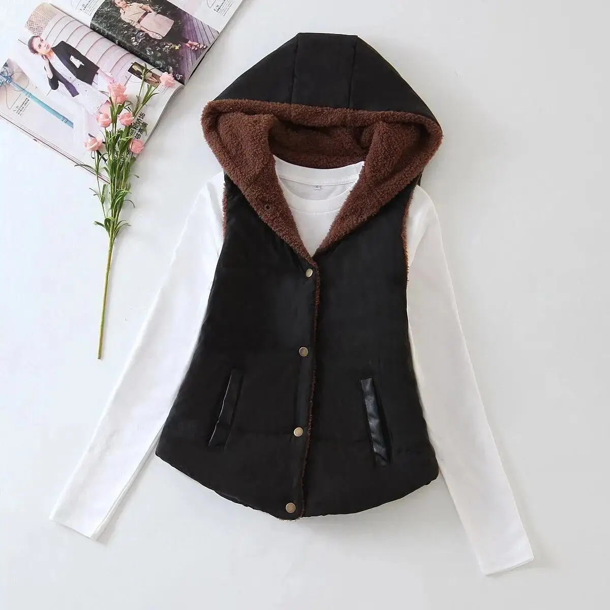 Women's Black Hooded Waistcoat Vest with Fleece Inner - Image 3